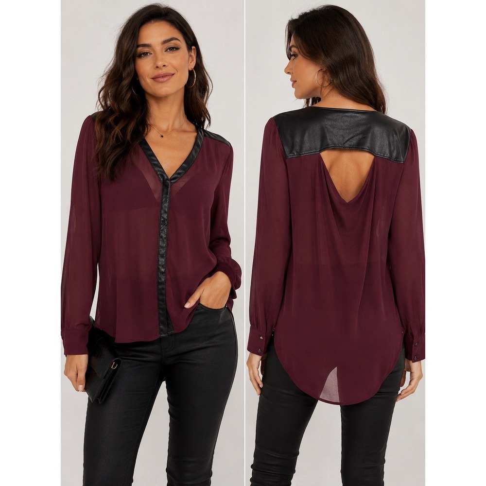 Rock & Republic Women's XL Burgundy Sheer Blouse Faux Leather Trim Moto Rocker